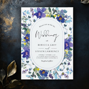 Elegant spring dusty blue purple floral wedding invitation