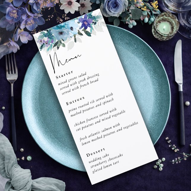 Elegant spring dusty blue purple floral wedding menu (Creator Uploaded)