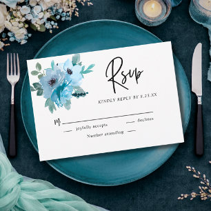 Elegant spring dusty blue white floral wedding RSVP card