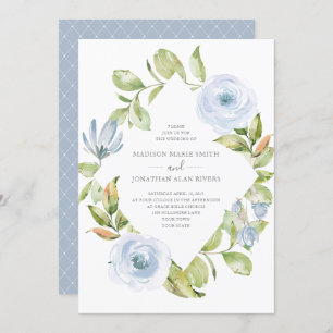 Elegant Spring Floral Diamond Dusty Blue Wedding Invitation