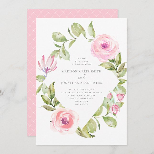 Elegant Spring Floral Diamond Pink Wedding Invitation (Front/Back)