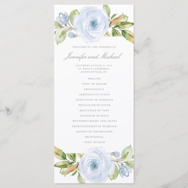 Elegant Spring Floral Dusty Blue Wedding Program Programme (Front)