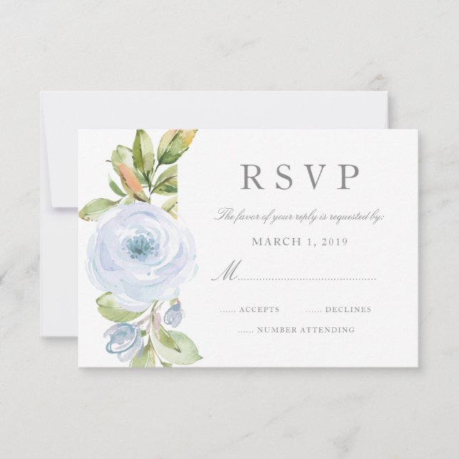 Elegant Spring Floral Dusty Blue Wedding RSVP Card (Front)