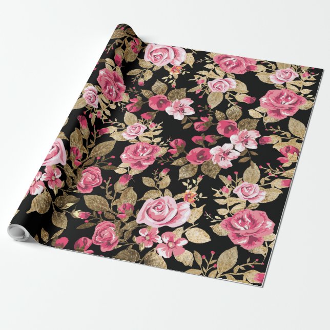 Elegant spring floral gold pattern wrapping paper (Unrolled)