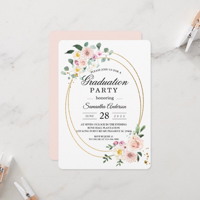 Elegant Spring Floral Graduation Party  Invitation (Front/Back In Situ)