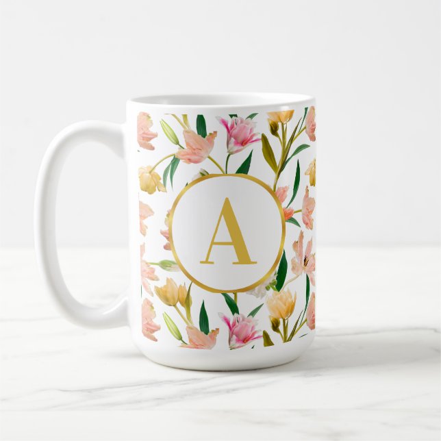 Elegant Spring Floral Monogram with Golden Accent  Coffee Mug (Left)