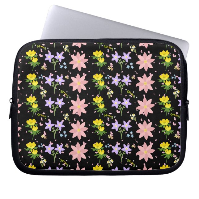 Elegant Spring Floral Pattern on Black - Laptop Sl Sleeve (Front)