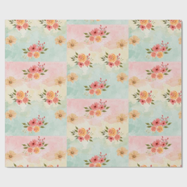Elegant Spring Floral Watercolor Grid Gift Wrap (Flat)