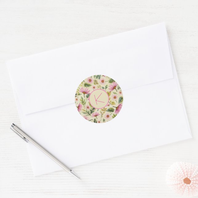 Elegant Spring Floral With Monogram  Classic Round Sticker (Envelope)