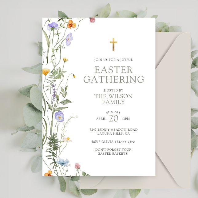 Elegant Spring Florals Gold Cross Easter Gathering Invitation (Creator Uploaded)