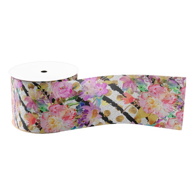 Elegant spring flowers and stripes design grosgrain ribbon (Spool)