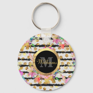 Elegant spring flowers and stripes design key ring