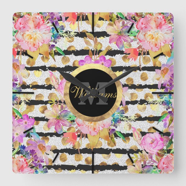 Elegant spring flowers and stripes design square wall clock (Front)
