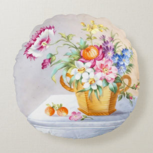 Elegant Spring Garden Flower Basket & Strawberries Round Cushion