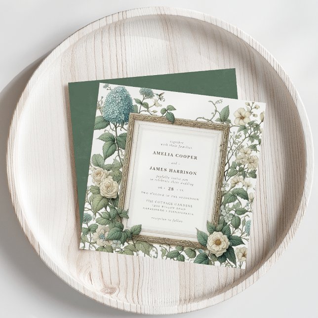 Elegant Spring Garden Wedding Invitation (Vintage botanical wedding invitation on a pale wood background.)