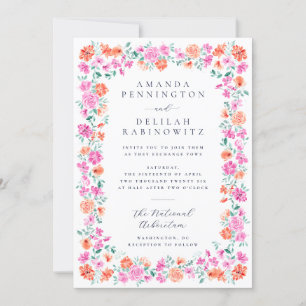 Elegant Spring Pink Orange Flowers Lesbian Wedding Invitation