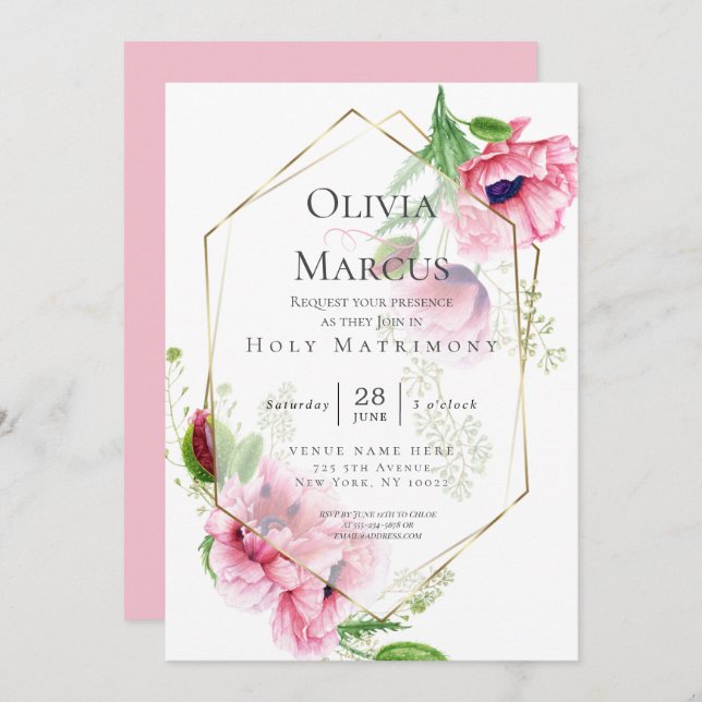 Elegant Spring Pink Poppy Floral Invitation (Front/Back)