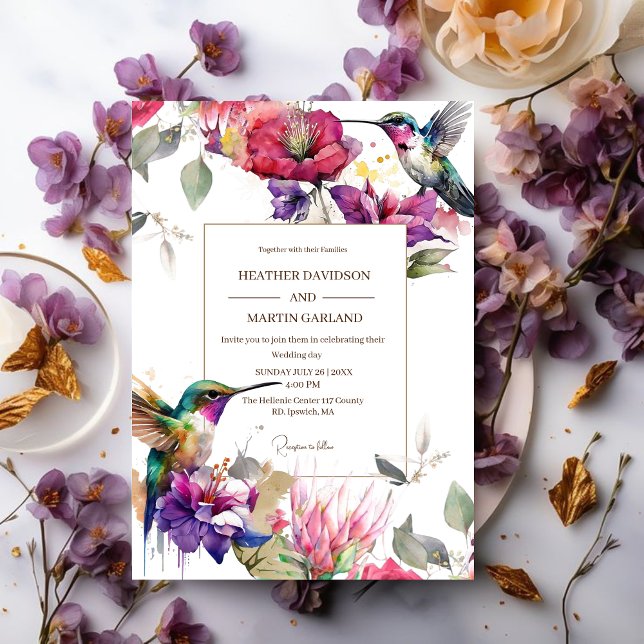 Elegant Spring Purple Flower Floral Birds Wedding Invitation (Creator Uploaded)