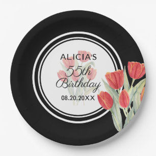 Elegant Spring Red Tulip Flora Black 55th Birthday Paper Plate