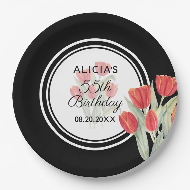 Elegant Spring Red Tulip Flora Black 55th Birthday Paper Plate (Front)