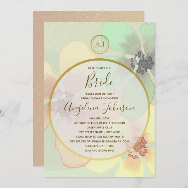 Elegant Spring Summer Watercolor Bridal Shower Invitation (Front/Back)