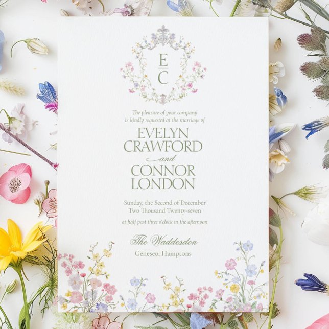 Elegant Spring Summer Wildflowers Crest Wedding Invitation (Elegant Spring Summer Wildflowers Crest Wedding Invitation)
