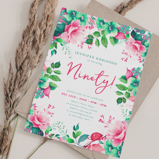 Elegant Spring Watercolor Floral 90 Birthday  Invitation (Elegant Spring Watercolor Floral 90 Birthday Invitation)