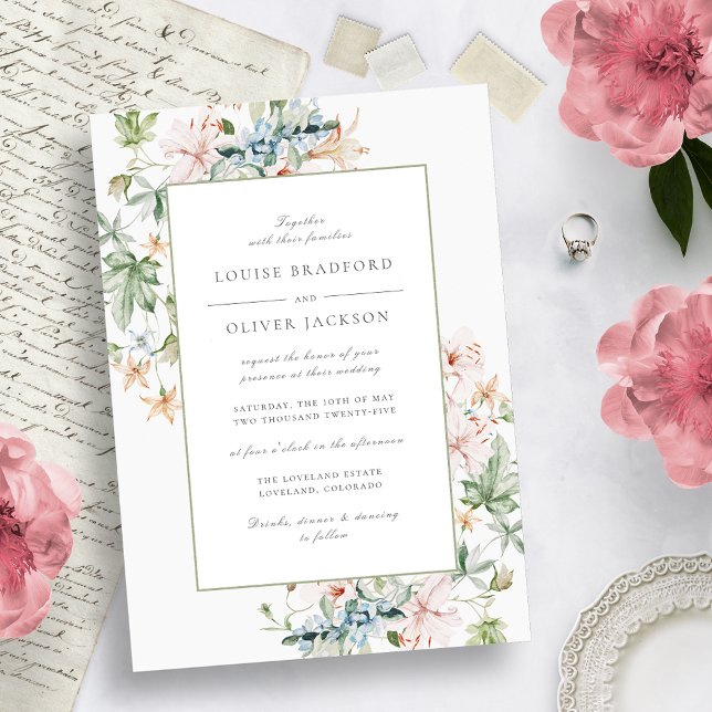 Elegant Spring Watercolor Floral Border Wedding Invitation (Creator Uploaded)