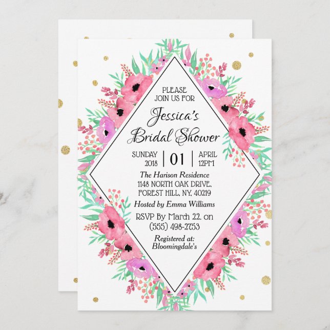 Elegant Spring Watercolor Floral Bridal Shower Invitation (Front/Back)