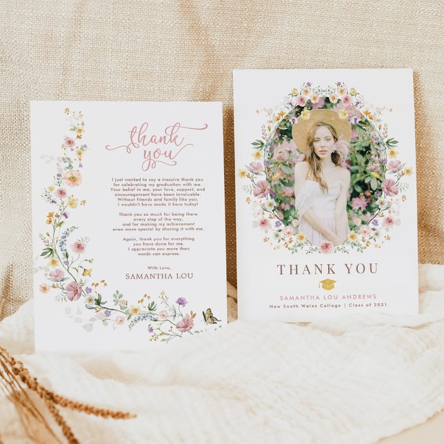 Elegant Spring Wildflower Garden Graduation Photo  Thank You Card (Creator Uploaded)