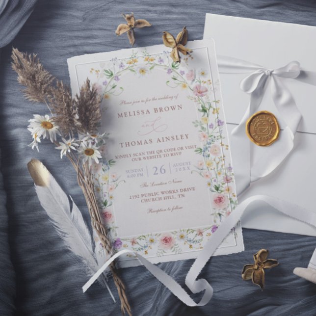 Elegant Spring Wildflower Meadow QR Code Wedding Invitation (Creator Uploaded)