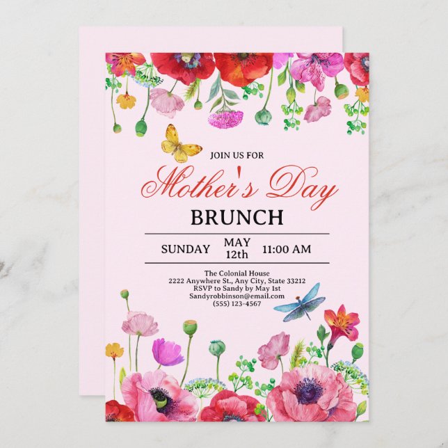 Elegant Spring Wildflower Pink Mother's Day Brunch Invitation (Front/Back)