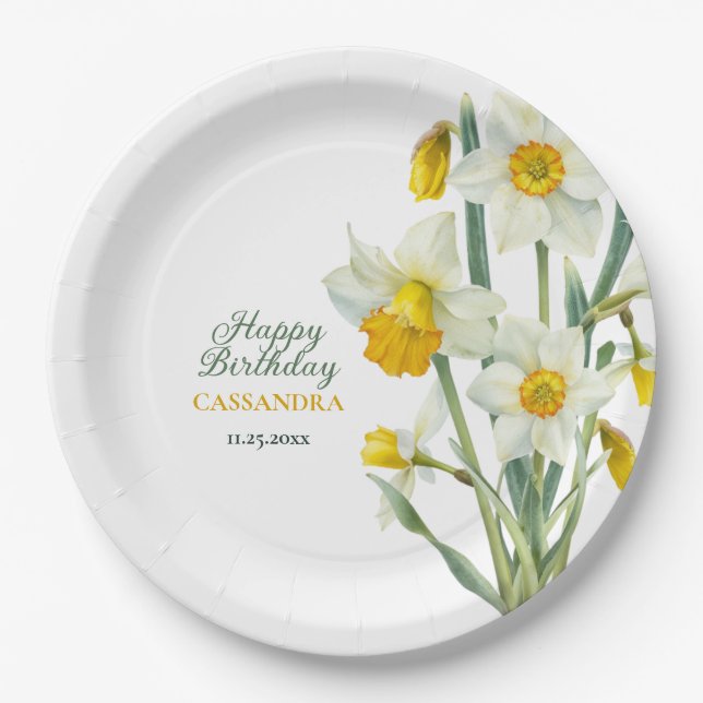 Elegant Spring Yellow Daffodil Floral Birthday Paper Plate (Front)