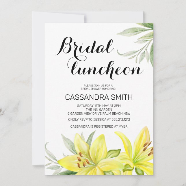 Elegant Spring Yellow Lily Floral Bridal Luncheon Invitation (Front)