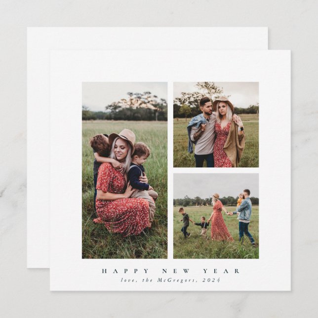 Elegant Square Triple Photo Happy New Year Holiday Card (Front/Back)