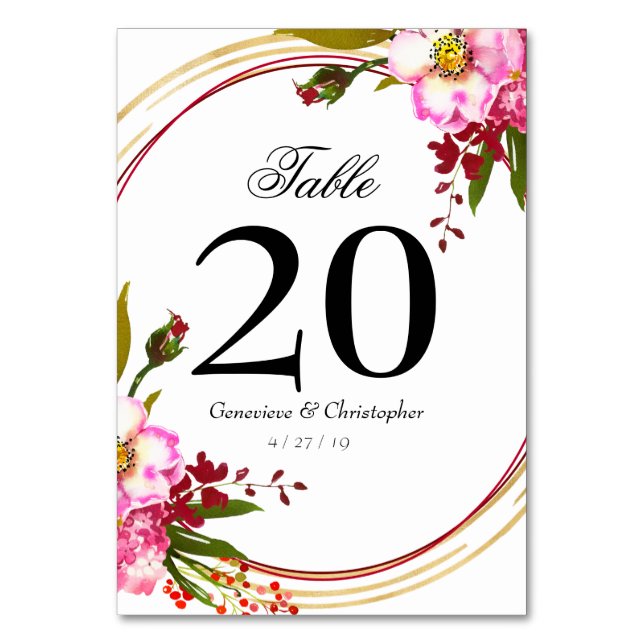 Elegant SquareBoho Blush PInk Floral Gold Wedding Table Number (Front)