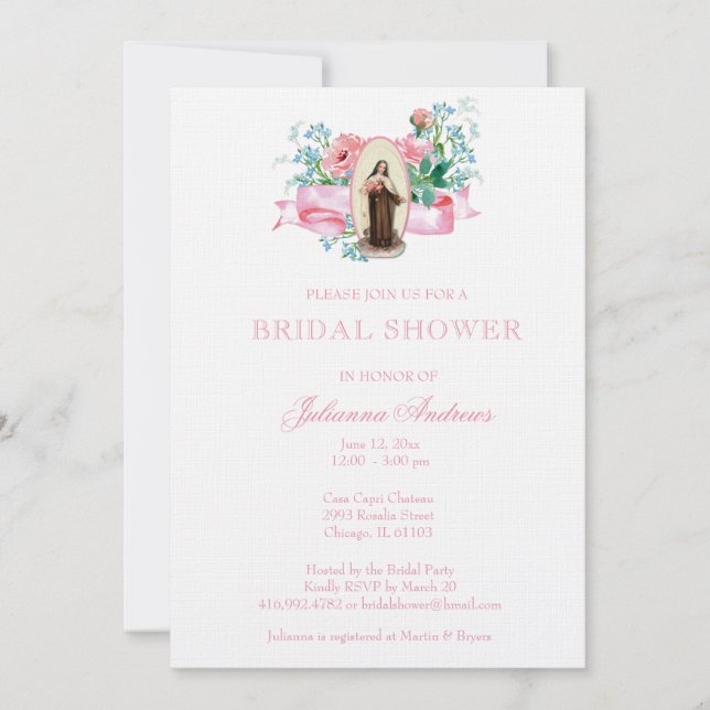 Elegant St. Therese Floral Catholic  Bridal Shower Invitation (Front)