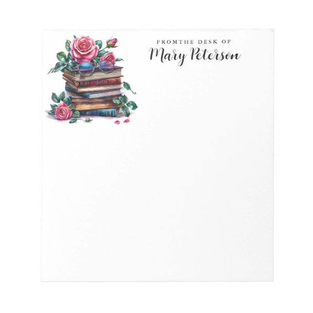 Elegant Stack Of Books Roses And Glasses Notepad (Front)