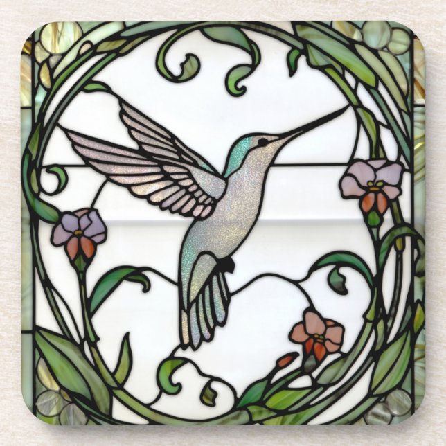 Elegant stain glass art nouveau hummingbird coaster (Front)