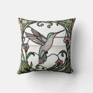 Elegant stain glass art nouveau hummingbird cushion