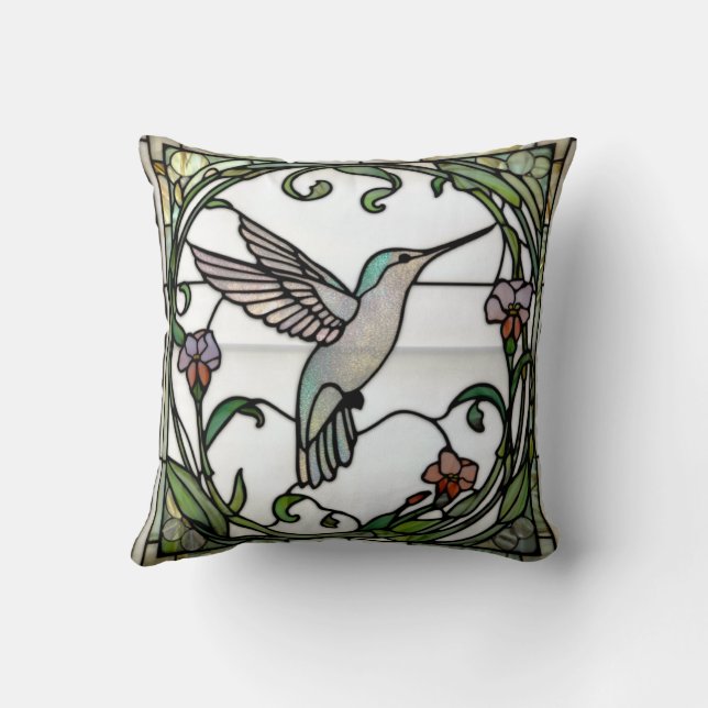 Elegant stain glass art nouveau hummingbird cushion (Back)