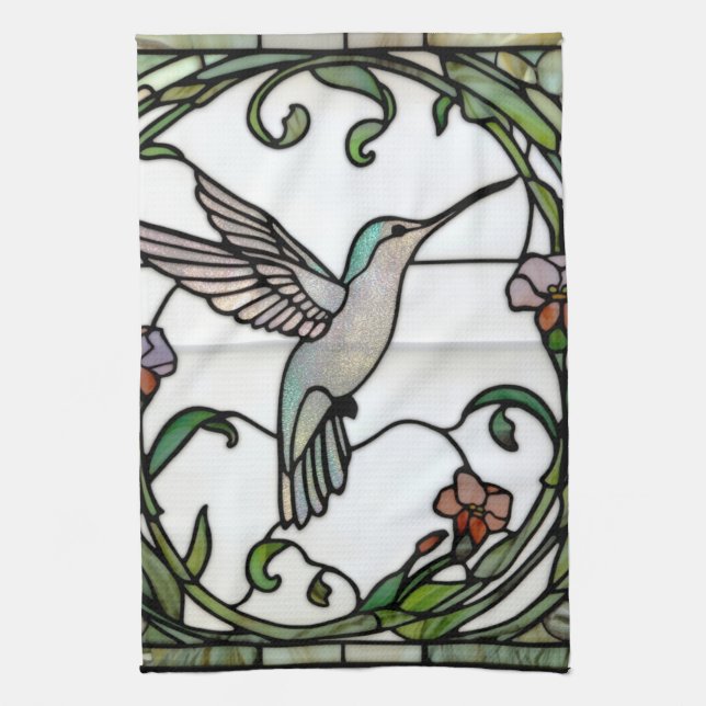 Elegant stain glass art nouveau hummingbird tea towel (Vertical)