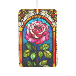 Elegant Stained Glass Artwork of a Vibrant Rose Car Air Freshener