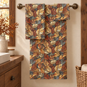 Elegant Stained Glass Fall Leaves - Rustic Autumn Bath Towel Set