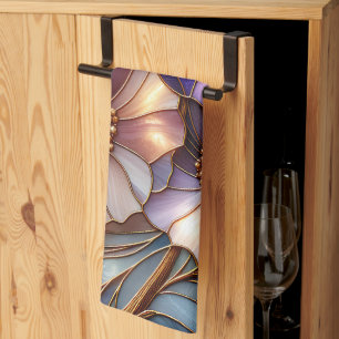 Elegant Stained Glass Floral Design in Soft Pastel Tea Towel