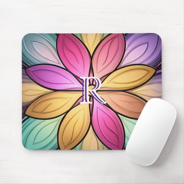 Elegant Stained‑Glass Floral Monogram Initial Mouse Pad (With Mouse)
