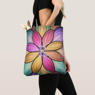 Elegant Stained‑Glass Floral Monogram Initial Tote Bag