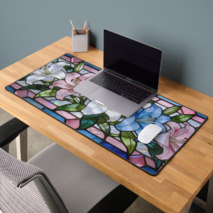 Elegant Stained Glass Lily Floral Design in Soft P Desk Mat