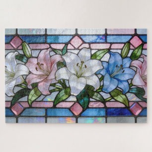 Elegant Stained Glass Lily Floral Design in Soft P Jigsaw Puzzle