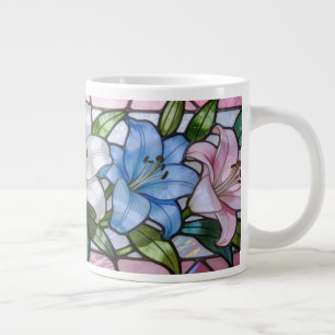 Elegant Stained Glass Lily Floral Design in Soft P Large Coffee Mug